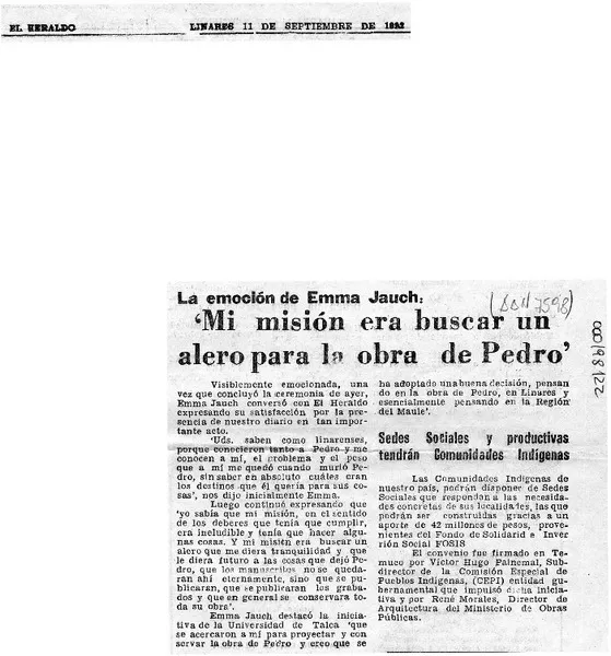 "Mi misión era buscar un alero para la obra de Pedro"  [artículo].