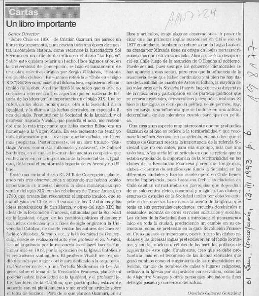 Un libro importante  [artículo] Osvaldo Cáceres González.