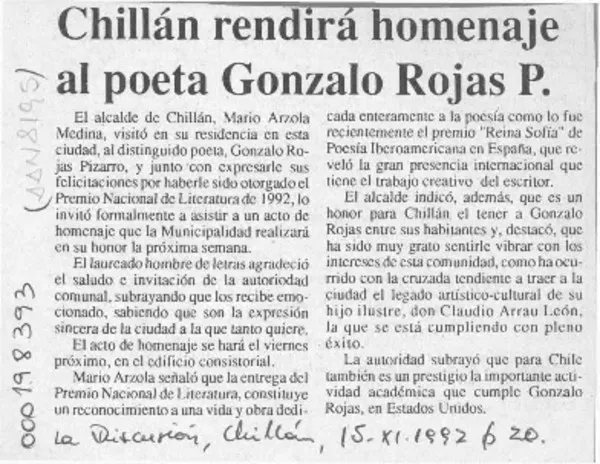 Chillán rendirá homenaje al poeta Gonzalo Rojas P.  [artículo].