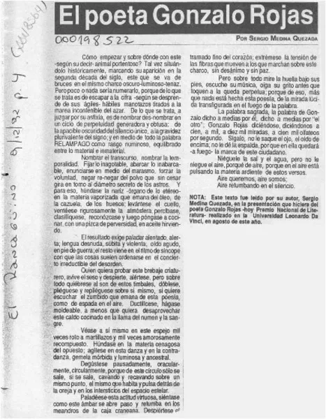 El poeta Gonzalo Rojas  [artículo] Sergio Medina Quezada.