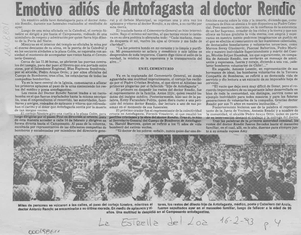 Emotivo adiós de Antofagasta al doctor Rendic  [artículo].