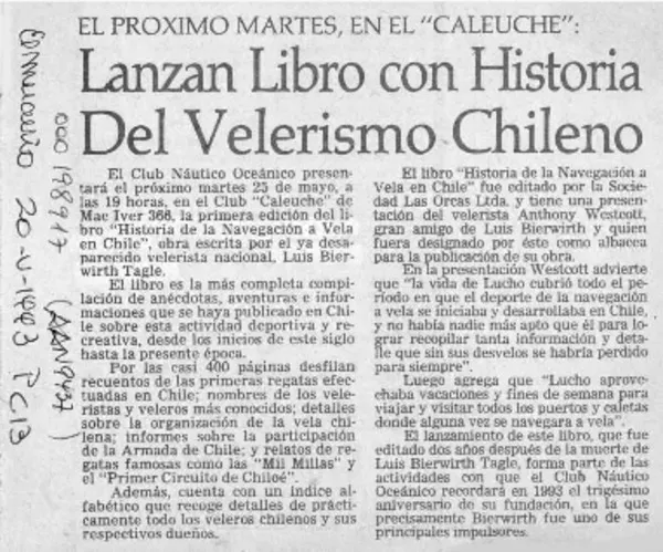 Lanzan libro con historia del velerismo chileno  [artículo].