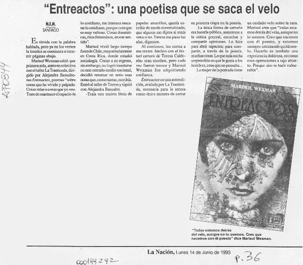 "Entreactos", una poetisa se saca el velo  [artículo] M. E. M.