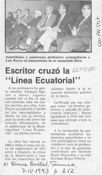 Escritor cruzó la "Línea ecuatorial"  [artículo].