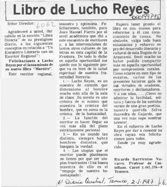 Libro de Lucho Reyes  [artículo] Ricardo Barrientos Navarro.