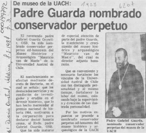 Padre Guarda nombrado conservador perpetuo, de Museo de Usach  [artículo].
