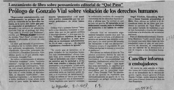 Prólogo de Gonzalo Vial sobre violación de los derechos humanos  [artículo].