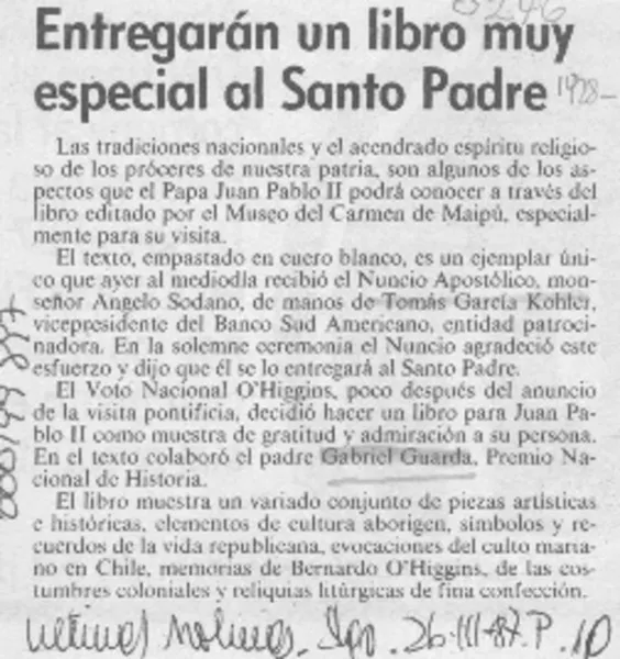 Entregarán un libro muy especial al Santo Padre  [artículo].