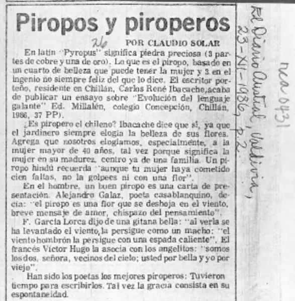 Piropos y piroperos  [artículo] Claudio Solar.
