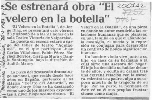 Se estrenará obra "El velero en la botella"  [artículo].