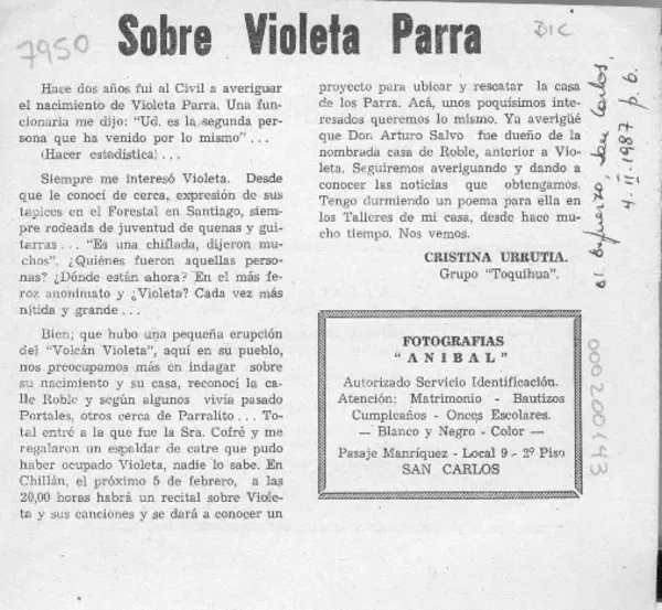 Sobre Violeta Parra  [artículo] Cristina Urrutia.