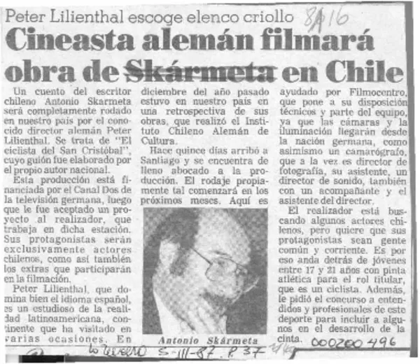 Cineasta alemán filmará obra de Skármeta en Chile  [artículo].