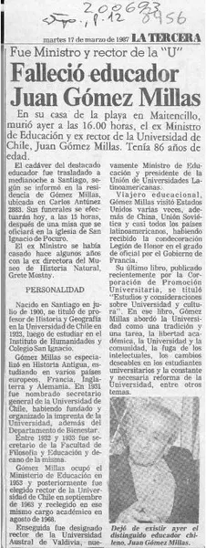 Falleció educador Juan Gómez Millas  [artículo].