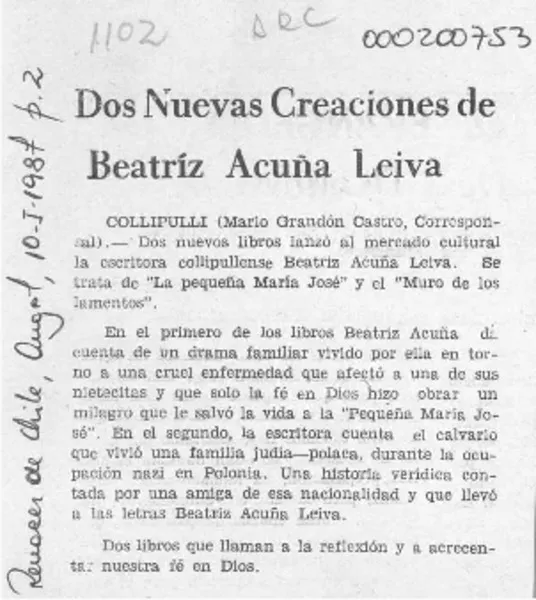 Dos nuevas creaciones de Beatriz Acuña Leiva  [artículo] Mario Grandón Castro.