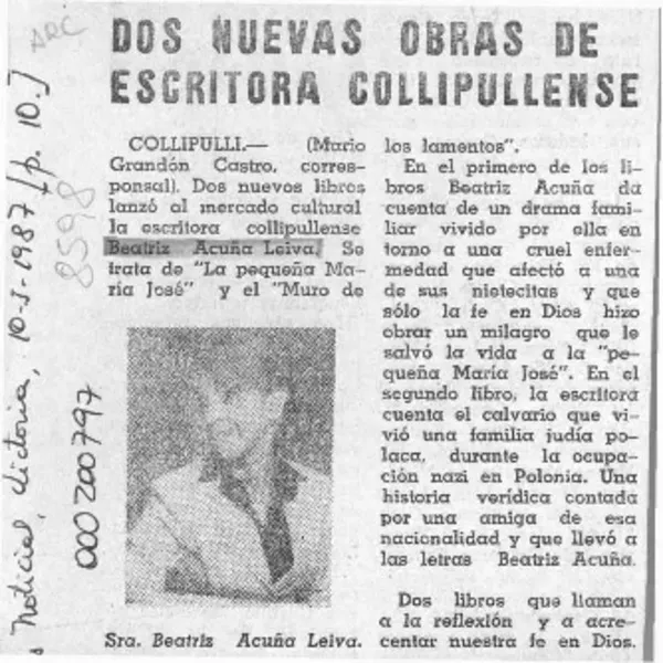 Dos nuevas obras de escritora collipullense  [artículo] Mario Grandón Castro.