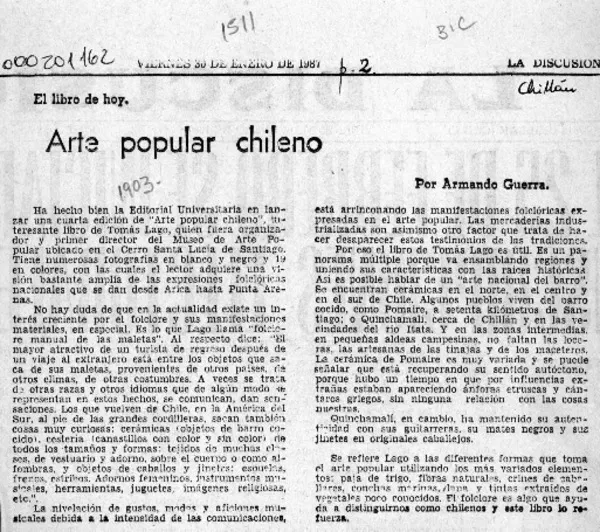 Arte popular chileno  [artículo] Armando Guerra.