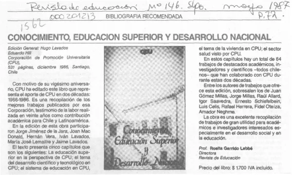 Conocimiento, educación superior y desarrollo nacional  [artículo] Rosita Garrido Labbé.