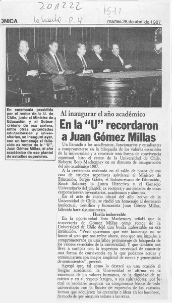 En la "U" recordaron a Juan Gómez Millas  [artículo].