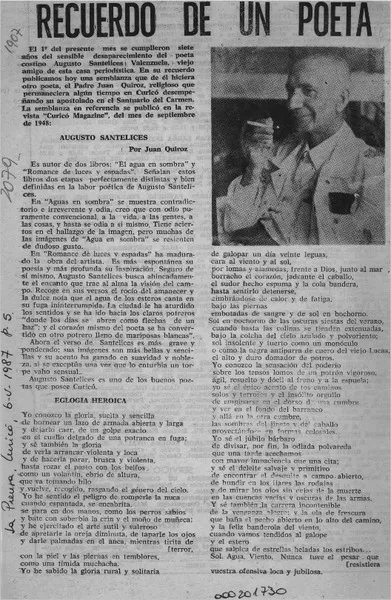 Recuerdo de un poeta  [artículo] Juan Quiroz.