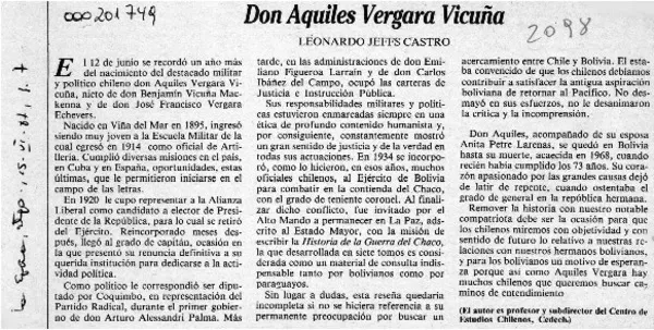Don Aquiles Vergara Vicuña  [artículo] Leonardo Jeffs Castro.