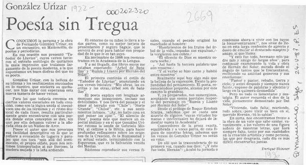 Poesía sin tregua  [artículo] Enrique Skinner.