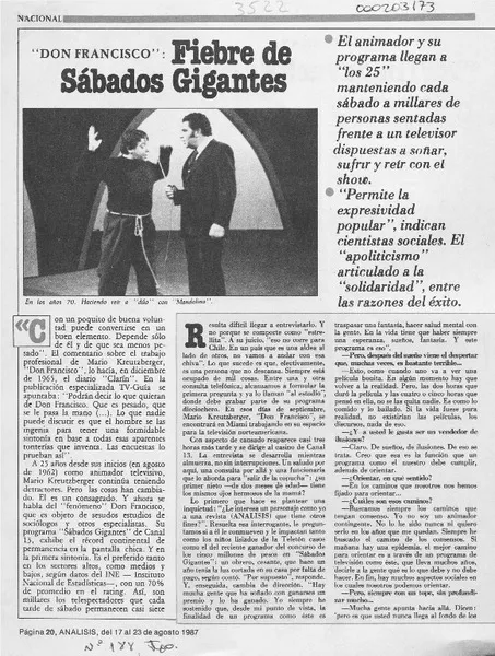 "Don Francisco", fiebre de Sábados Gigantes  [artículo] Alicia Oliva.