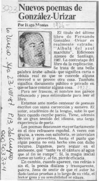 Nuevos poemas de González-Urízar  [artículo] Hugo Montes.