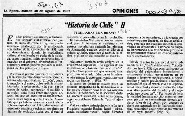 "Historia de Chile" II  [artículo] Fidel Araneda Bravo.