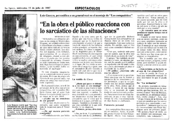 "En la obra el público reacciona con lo sarcástico de las situaciones"  [artículo] Myriam Olate.