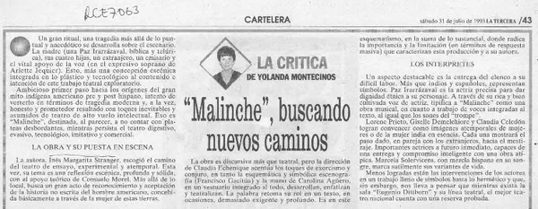 "Malinche", buscando nuevos caminos  [artículo] Yolanda Montecinos.
