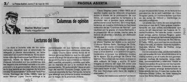 Lecturas del mes  [artículo] Marino Muñoz Lagos.