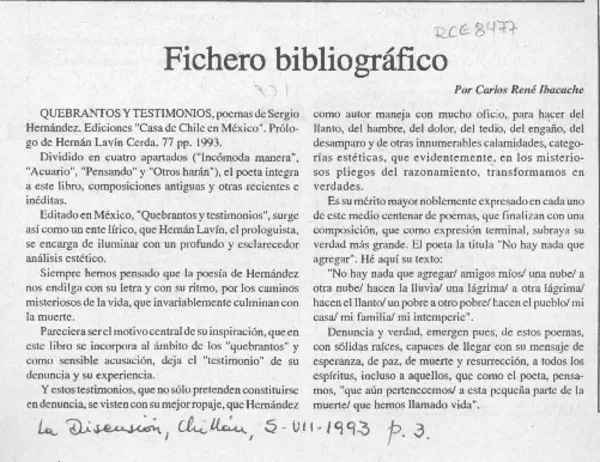 Fichero bibliográfico  [artículo] Carlos René Ibacache.