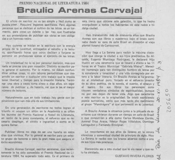 Braulio Arenas Carvajal  [artículo] Gustavo Rivera Flores.
