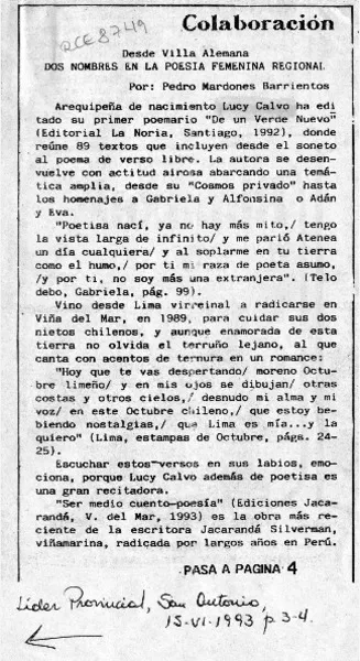 Dos nombres en la poesía femenina regional  [artículo] Pedro Mardones Barrientos.