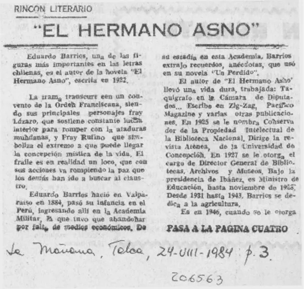 "El hermano asno"  [artículo] A. P.