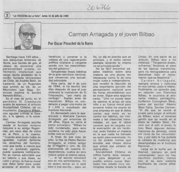 Carmen Arriagada y el joven Bilbao  [artículo] Oscar Pinochet de la Barra.