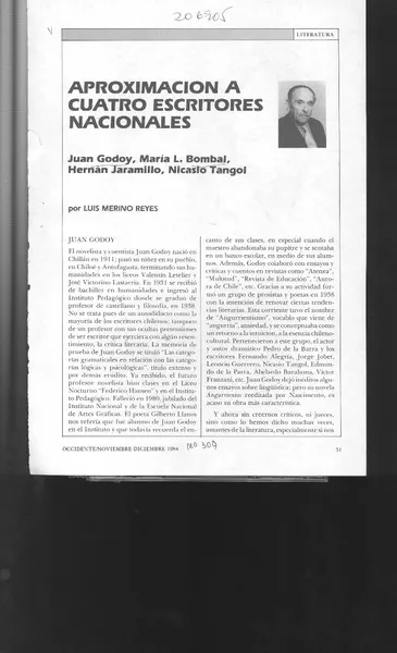 Aproximación a cuatro escritores nacionales  [artículo] Luis Merino Reyes.