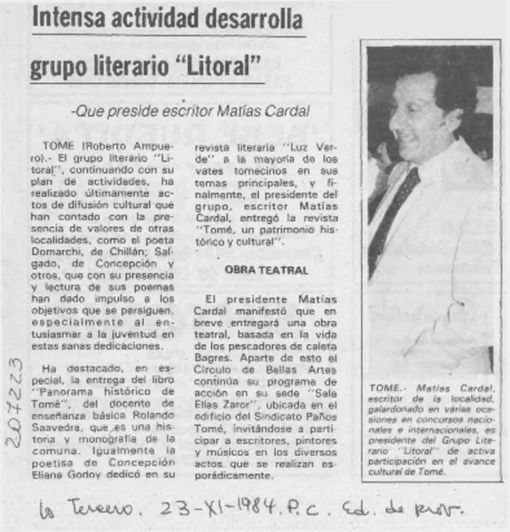 Intensa actividad desarrolla grupo literario "Litoral"  [artículo] Roberto Ampuero.