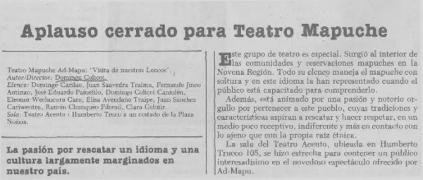 Aplauso cerrado para teatro mapuche  [artículo].