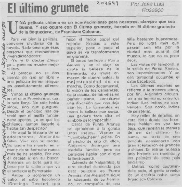 "El último grumete"  [artículo] José Luis Rosasco.