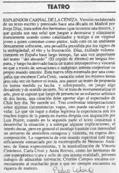 "Esplendor carnal de la ceniza"  [artículo] Pedro Labra.