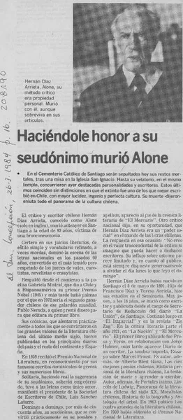 Haciéndole honor a su seudónimo murió Alone  [artículo].