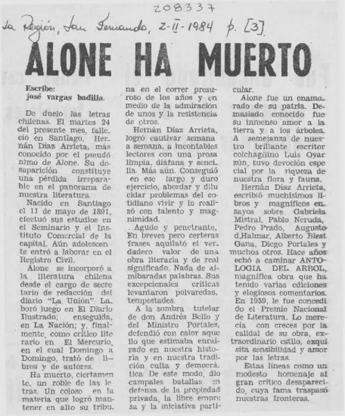 Alone ha muerto  [artículo] José Vargas Badilla.