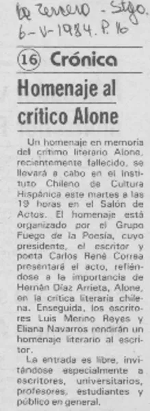 Homenaje al crítico Alone  [artículo].