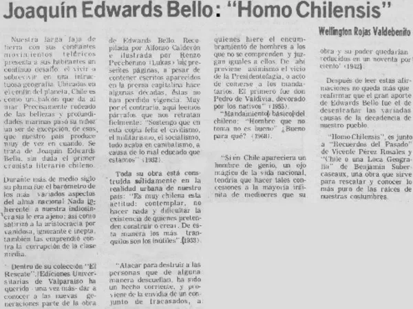 Joaquín Edwards Bello; "Homo chilensis"  [artículo] Wellington Rojas Valdebenito.