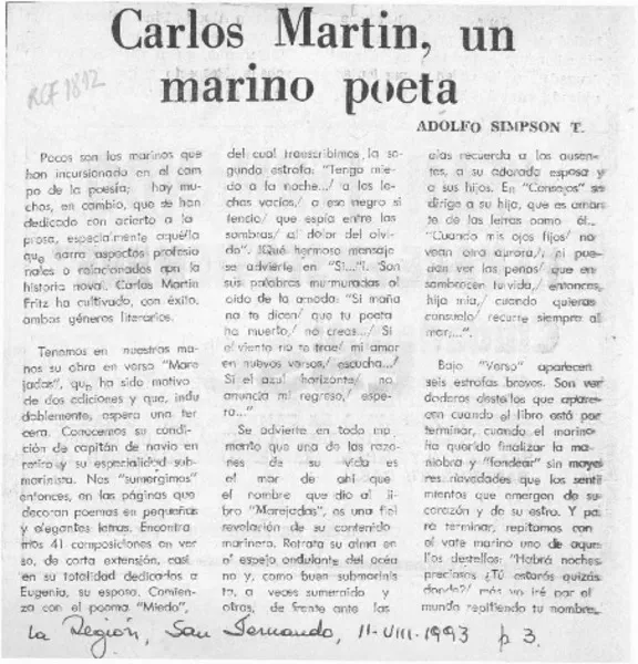 Carlos Martin, un marino poeta  [artículo] Adolfo Simpson T.
