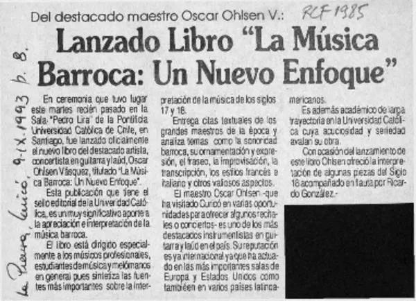 Lanzado libro "La música barroca, un nuevo enfoque"  [artículo].