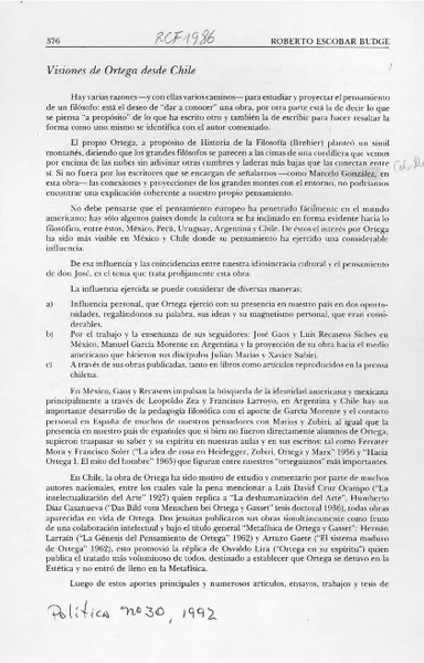 Visiones de Ortega desde Chile  [artículo] Roberto Escobar Budge.
