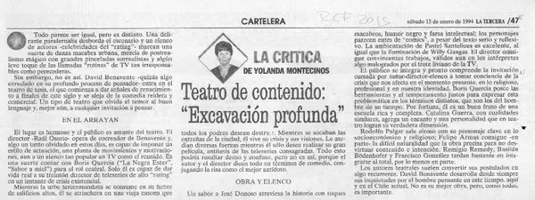 Teatro de contenido, "Excavaciøn profunda"  [artículo] Yolanda Montecinos.