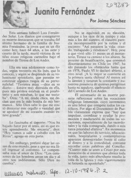 Juanita Fernández  [artículo] Jaime Sánchez.